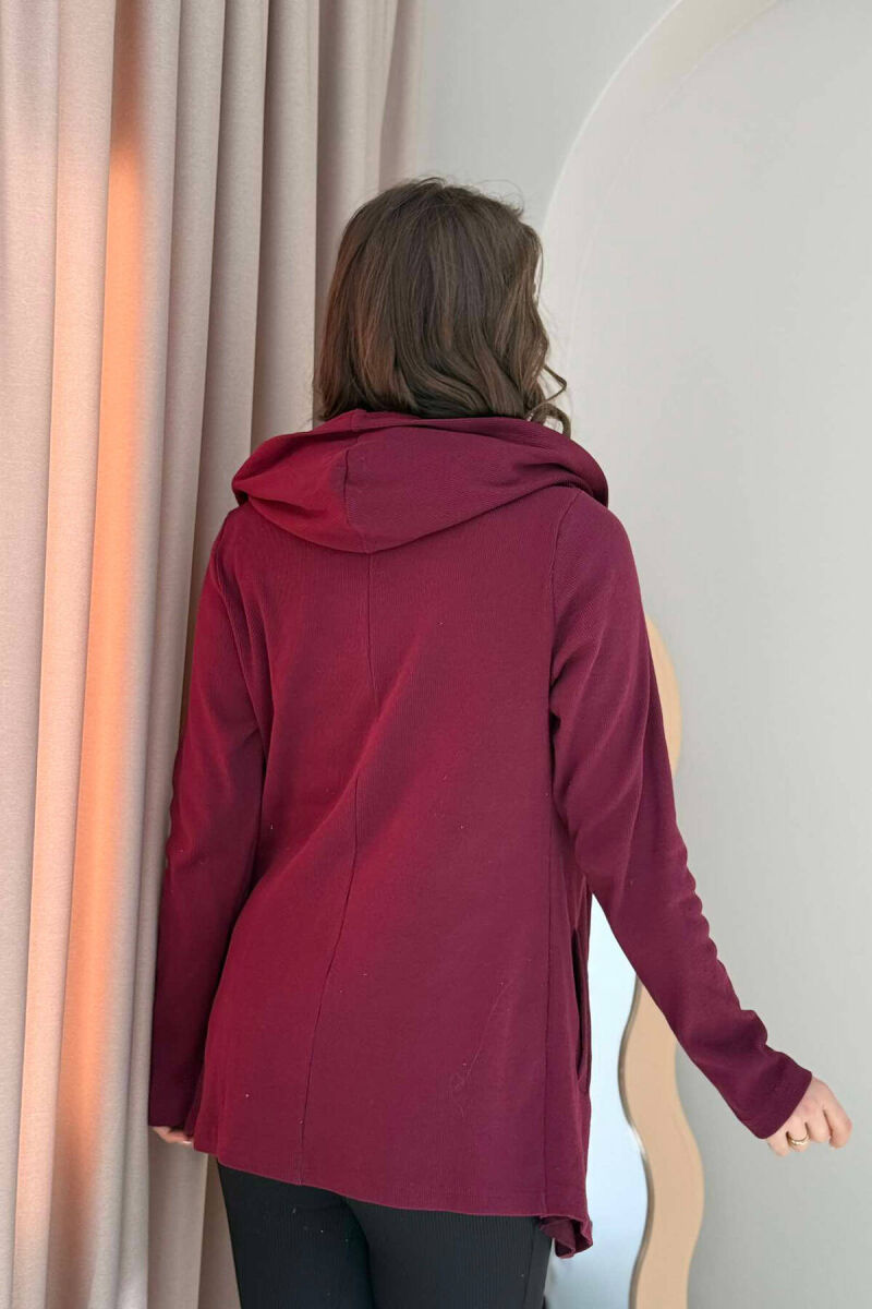 HOODED ONE COLOR WOMEN CARDIGAN BURGUNDY/VISHNJE - 4