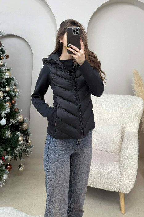 HOODED ONE COLOR WOMEN PUFFER JACKET BLACK/ E ZEZE - 4