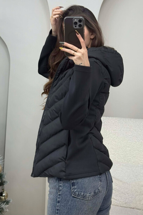 HOODED ONE COLOR WOMEN PUFFER JACKET BLACK/ E ZEZE - KLAUDIO FASHION