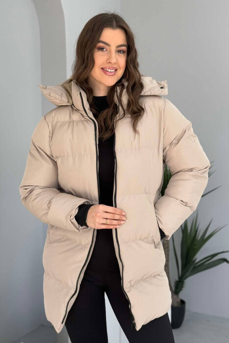 HOODED WOMEN PUFFER JACKET IN BEIGE COLOR 