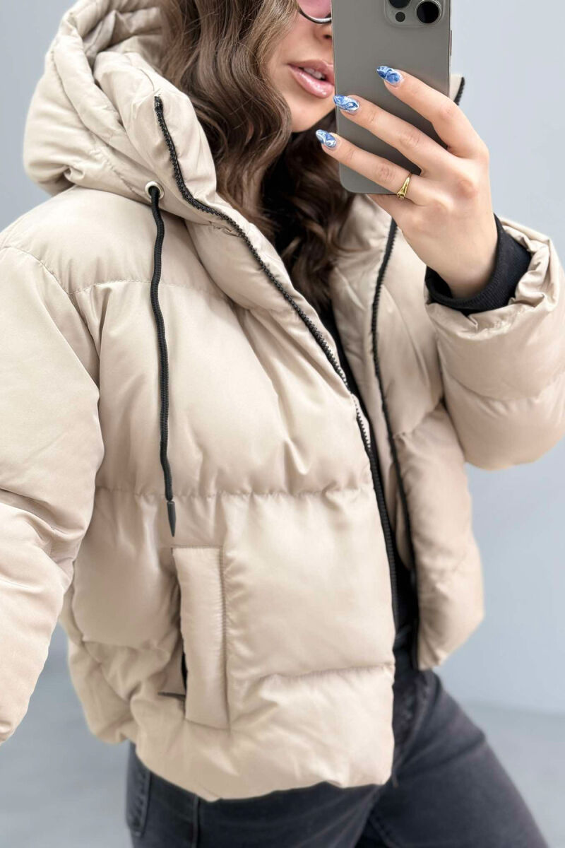 HOODED ONE COLOR WOMEN PUFFER JACKET BEIGE/BEZHE - 3