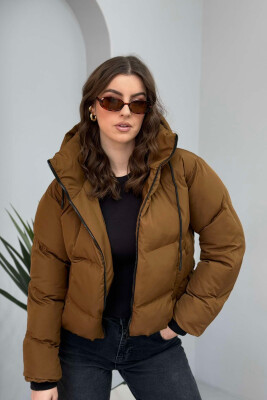 HOODED ONE COLOR WOMEN PUFFER JACKET BROWN/KAFE 