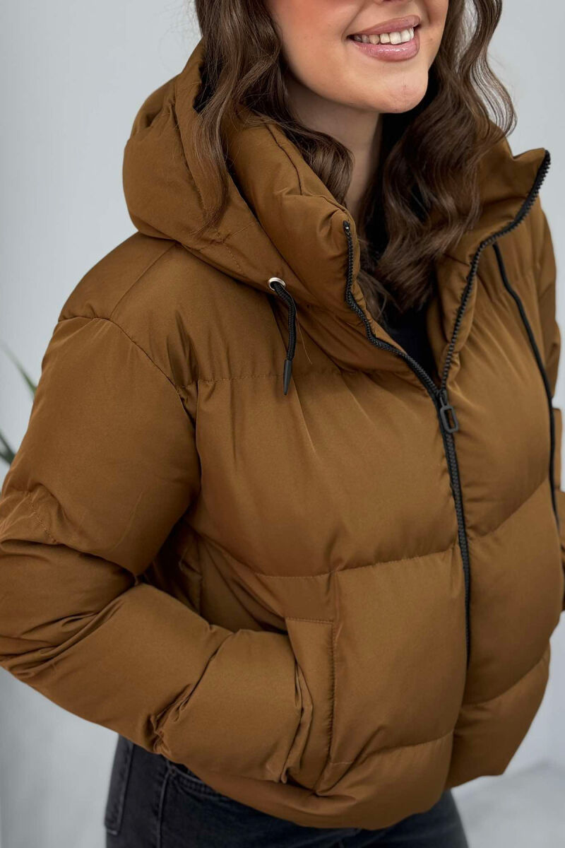 HOODED ONE COLOR WOMEN PUFFER JACKET BROWN/KAFE - 3