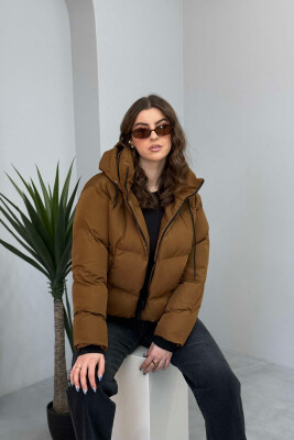 HOODED ONE COLOR WOMEN PUFFER JACKET BROWN/KAFE - 5