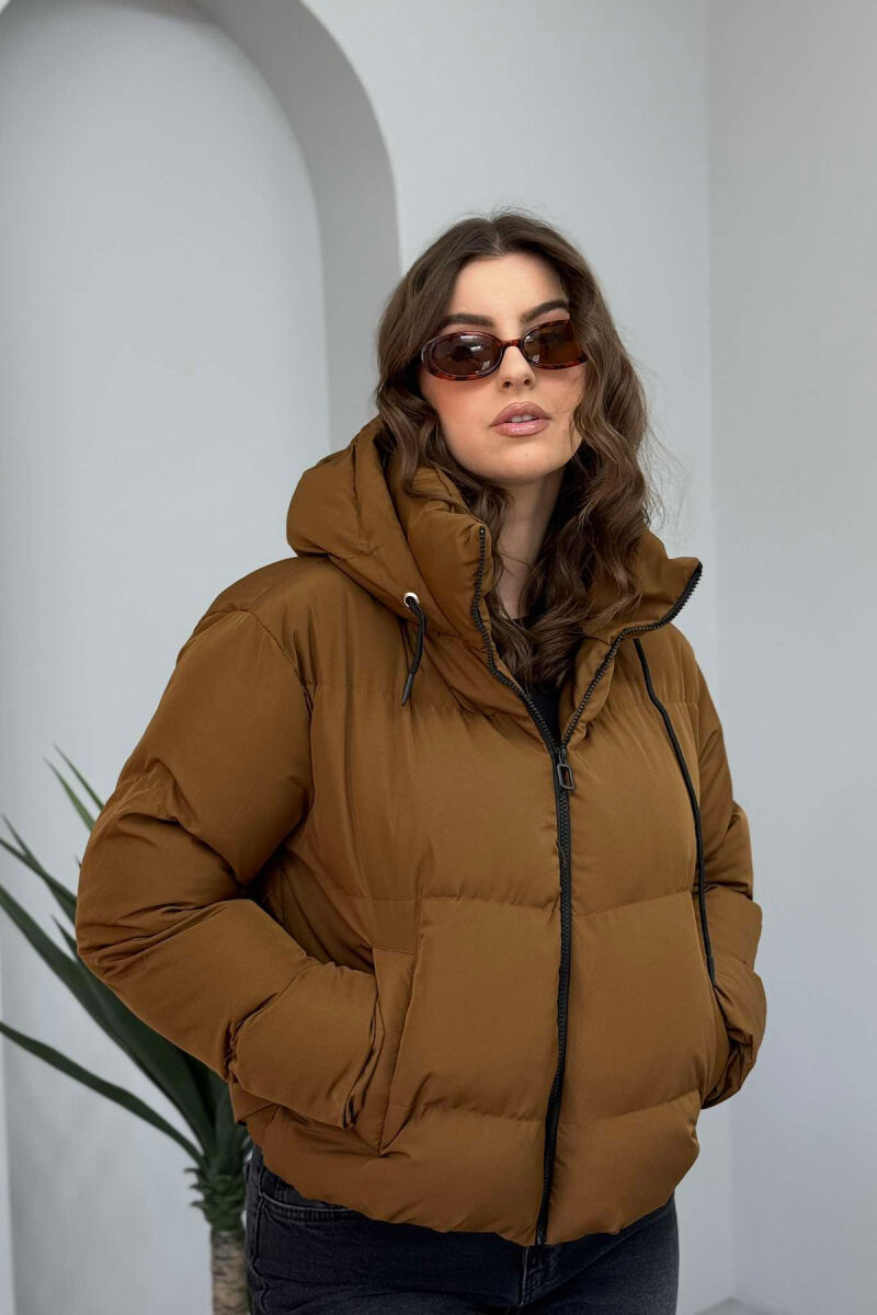 HOODED ONE COLOR WOMEN PUFFER JACKET BROWN/KAFE - 7