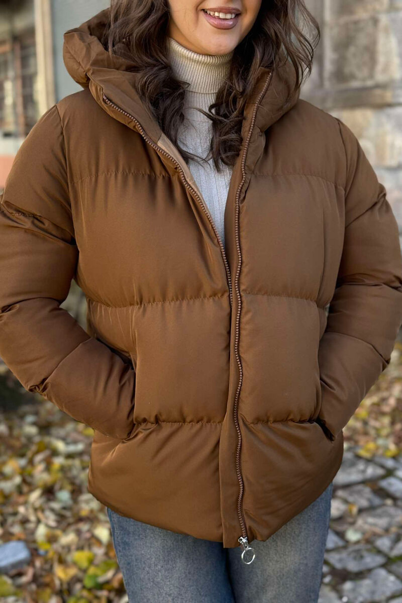 HOODED ONE COLOR WOMEN PUFFER JACKET BROWN/KAFE - 5