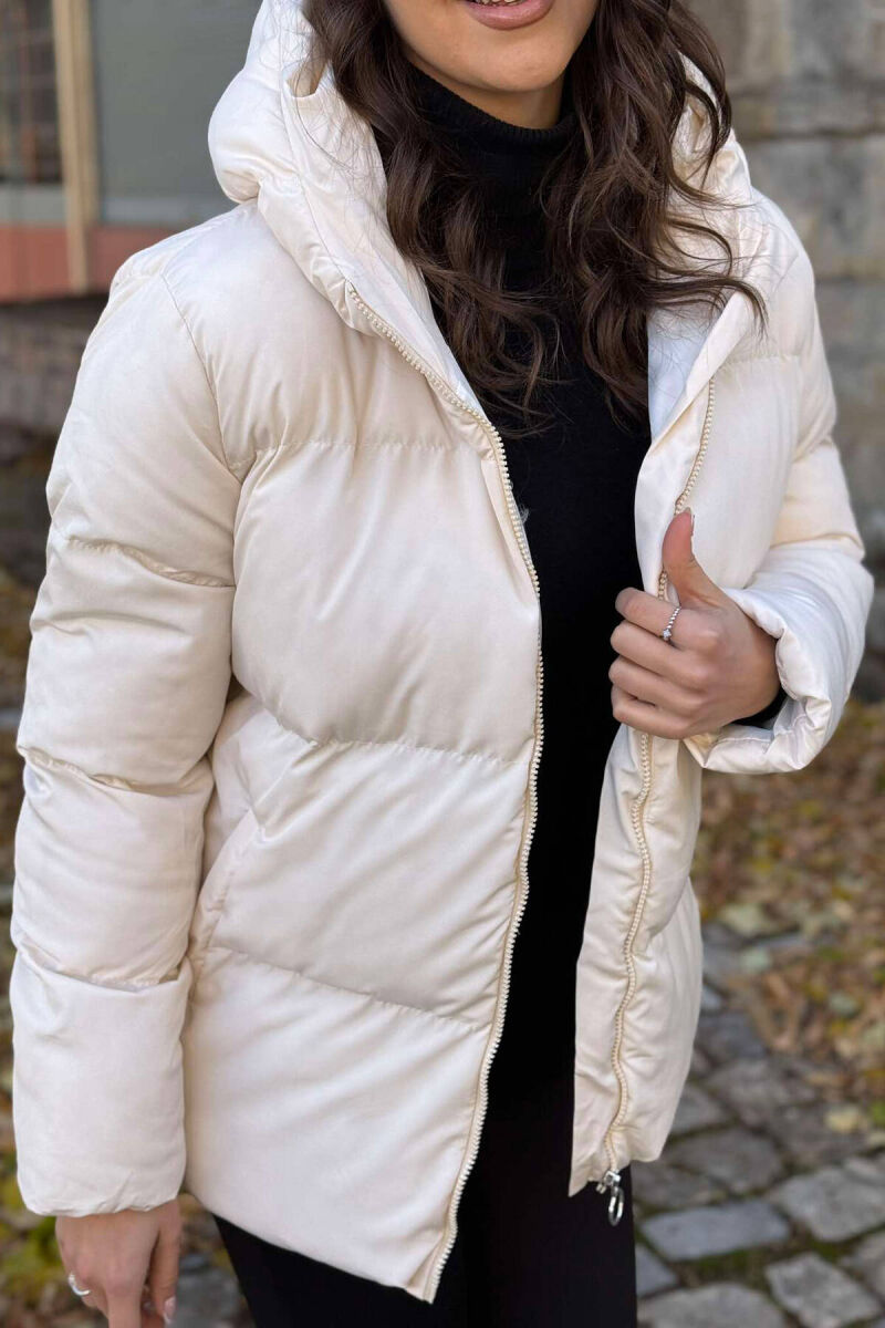 HOODED ONE COLOR WOMEN PUFFER JACKET CREAM/KREM - 2