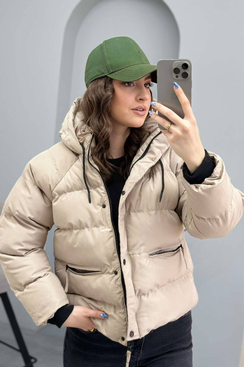 HOODED ONE COLOR WOMEN PUFFER JACKET IN BEIGE COLOR - 2