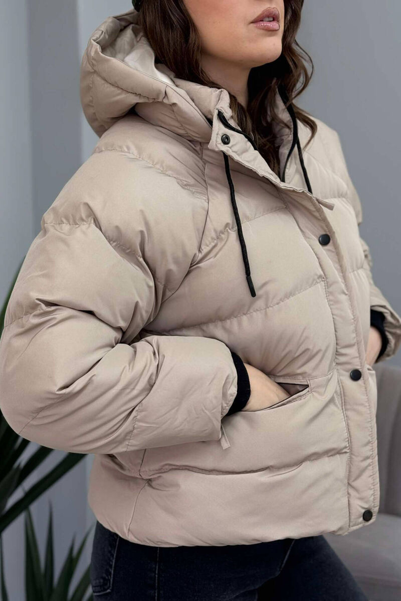 HOODED ONE COLOR WOMEN PUFFER JACKET IN BEIGE COLOR - 3