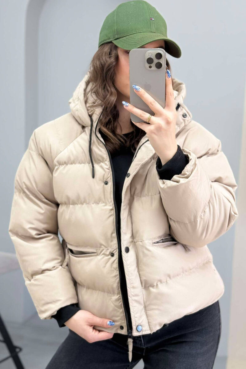 HOODED ONE COLOR WOMEN PUFFER JACKET IN BEIGE COLOR - 4