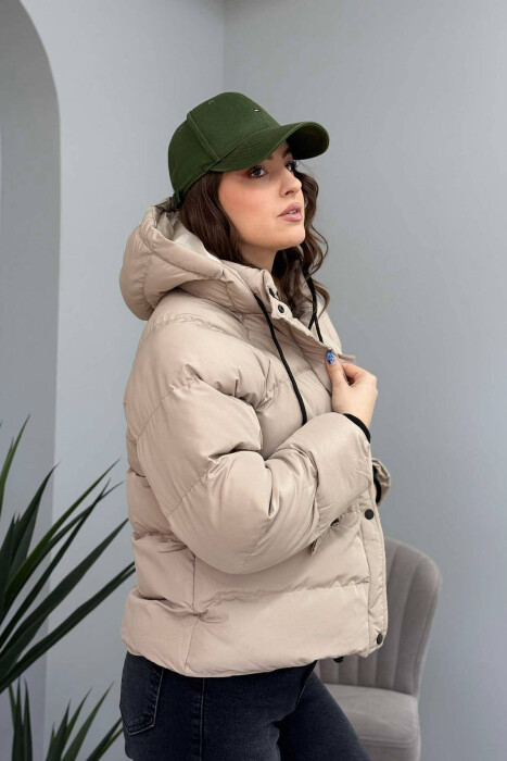 HOODED ONE COLOR WOMEN PUFFER JACKET IN BEIGE COLOR - 5