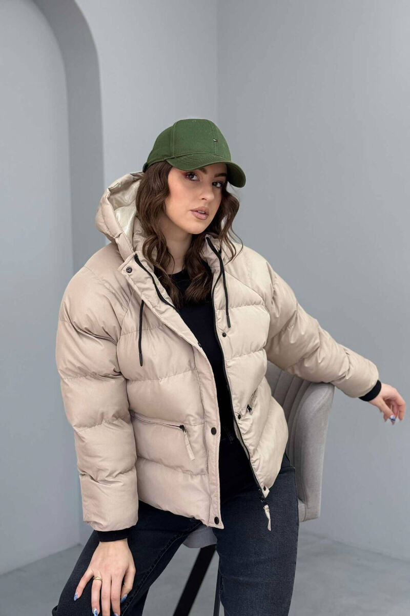 HOODED ONE COLOR WOMEN PUFFER JACKET IN BEIGE COLOR - 6