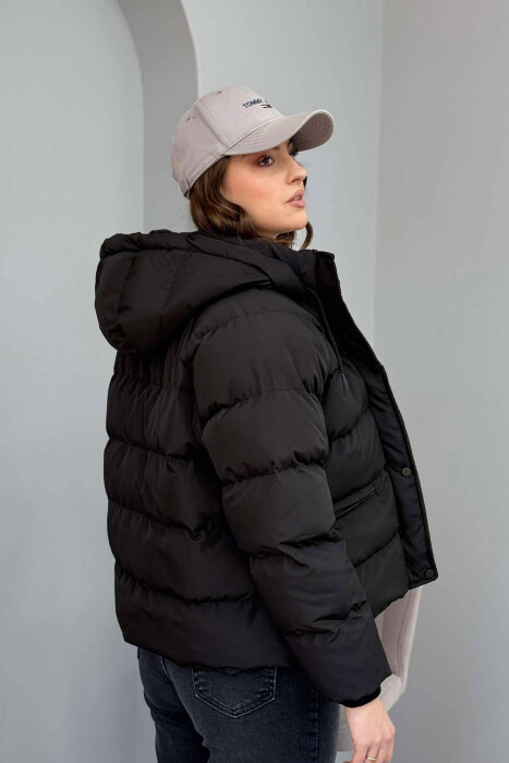 HOODED ONE COLOR WOMEN PUFFER JACKET IN BLACK COLOR - 2