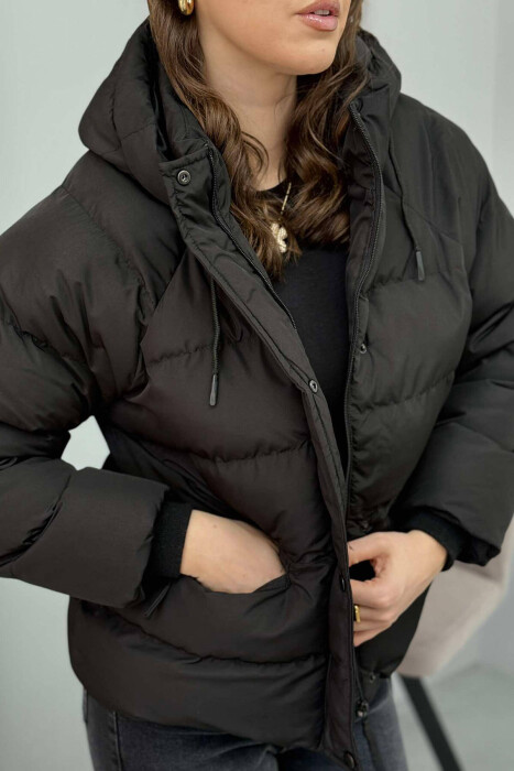 HOODED ONE COLOR WOMEN PUFFER JACKET IN BLACK COLOR - 3