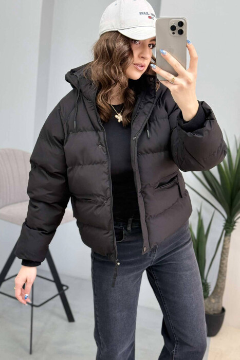 HOODED ONE COLOR WOMEN PUFFER JACKET IN BLACK COLOR - 5