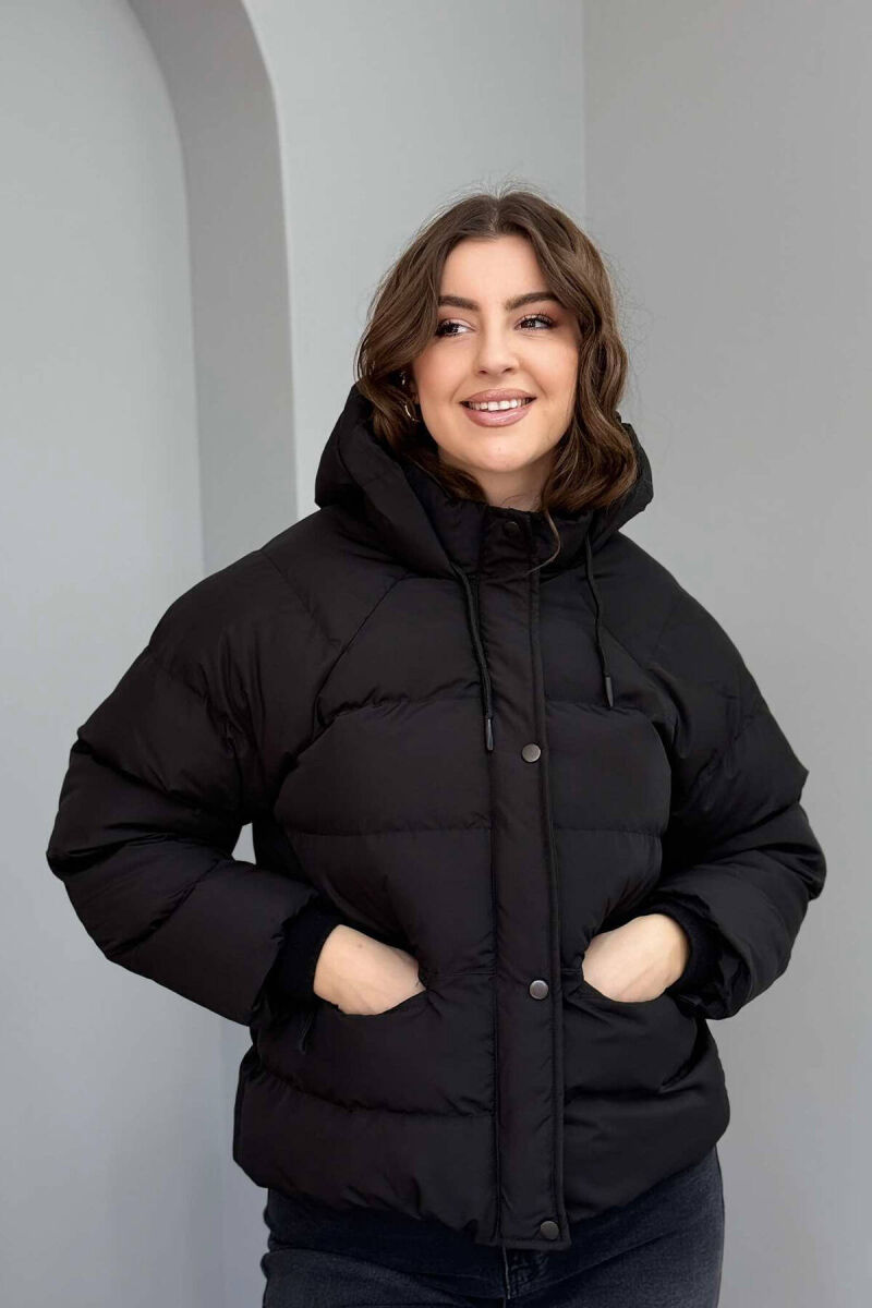 HOODED ONE COLOR WOMEN PUFFER JACKET IN BLACK COLOR - 6