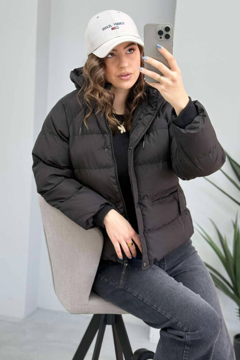 HOODED ONE COLOR WOMEN PUFFER JACKET IN BLACK COLOR - 8