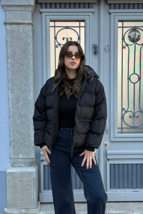 HOOD ONE COLOR WOMEN PUFFER JACKET BLACK/ E ZEZE - 2