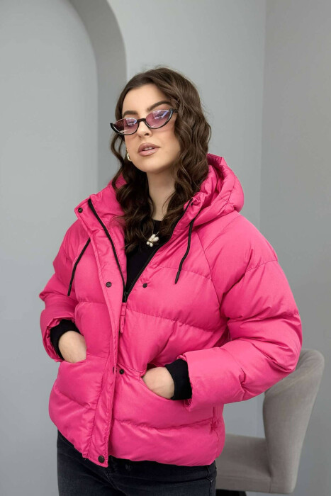 HOODED ONE COLOR WOMEN PUFFER JACKET IN PINK COLOR - 7