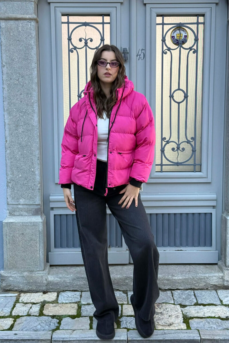 HOOD ONE COLOR WOMEN PUFFER JACKET PINK/ROZE - 1