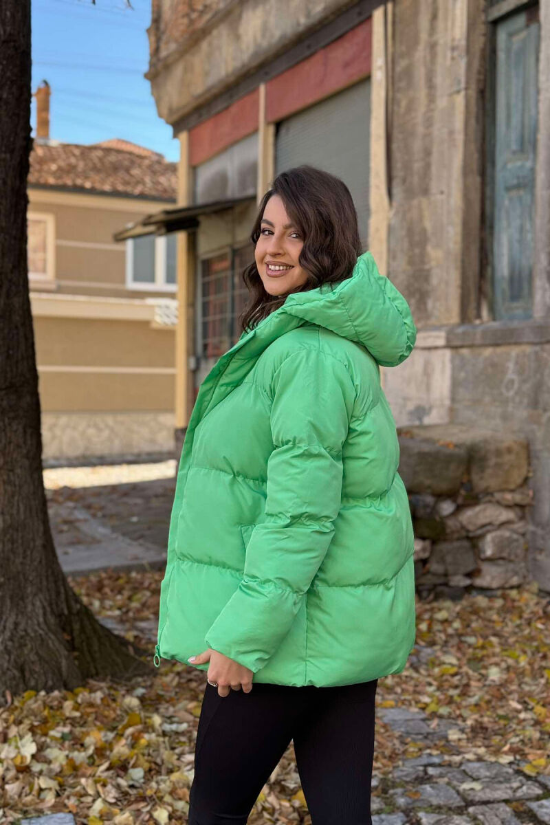 HOODED ONE COLOR WOMEN PUFFER JACKET LIGHT GREEN/JEZB - 2