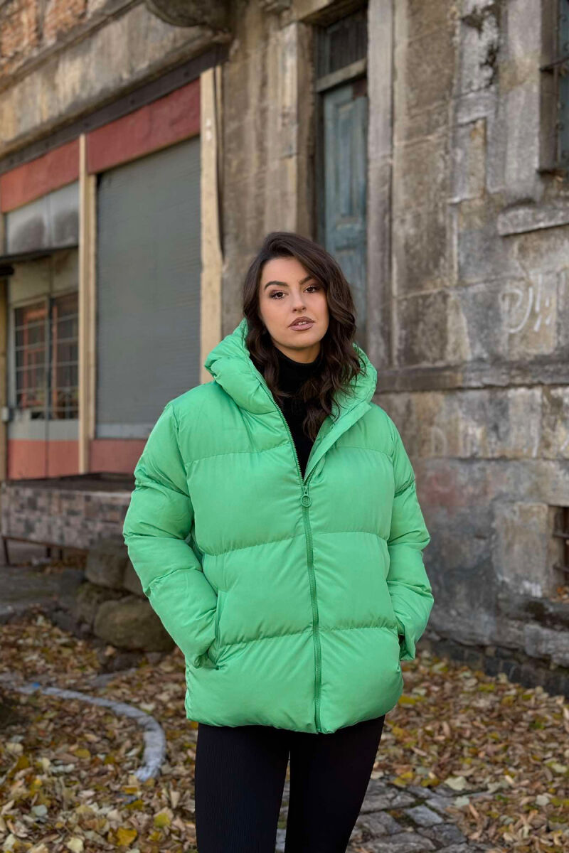 HOODED ONE COLOR WOMEN PUFFER JACKET LIGHT GREEN/JEZB - 4