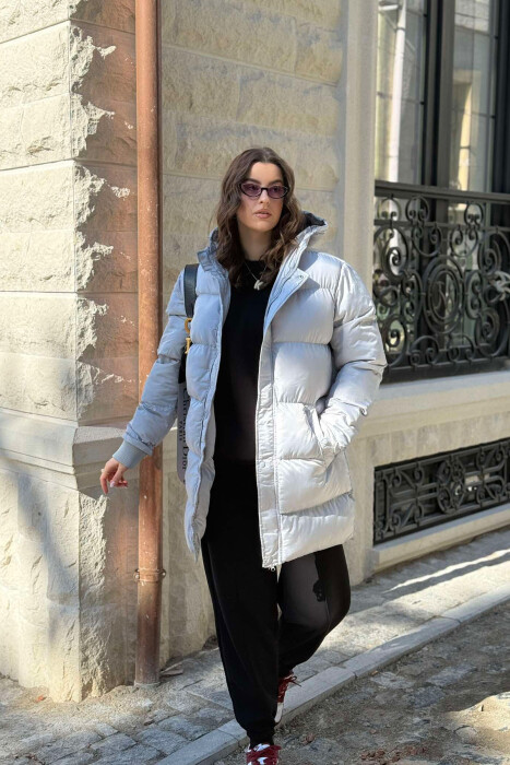 HOODED ONE COLOR WOMEN PUFFER JACKET LIGHT GREY/GZ 