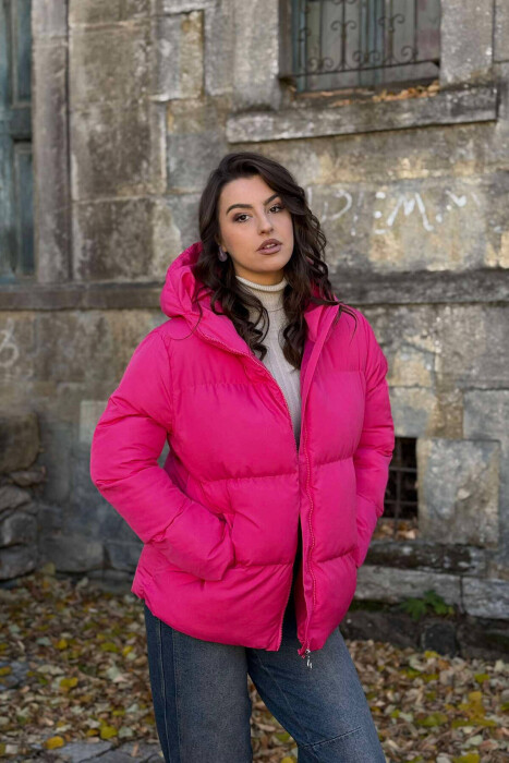 HOODED ONE COLOR WOMEN PUFFER JACKET PINK/ROZE 