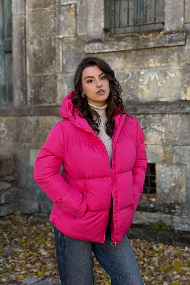 HOODED ONE COLOR WOMEN PUFFER JACKET PINK/ROZE - 1