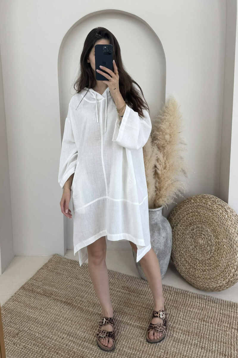 HOODED SIMPLE WOMEN DRESS WHITE-E BARDHE - 1