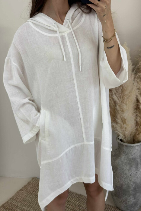 HOODED SIMPLE WOMEN DRESS WHITE-E BARDHE - 5