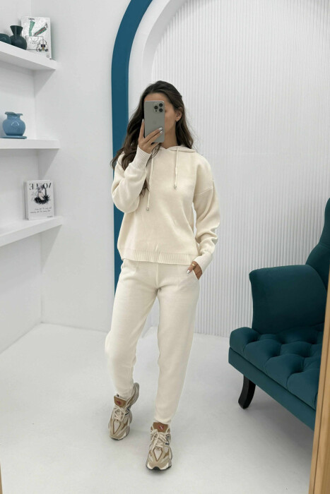 HOODED SIMPLE WOMEN KNIT SET CREAM/KREM - 2