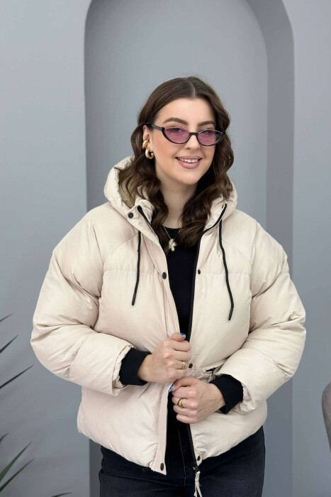 HOODED SIMPLE WOMEN PUFFER JACKET IN CREAM COLOR - 1