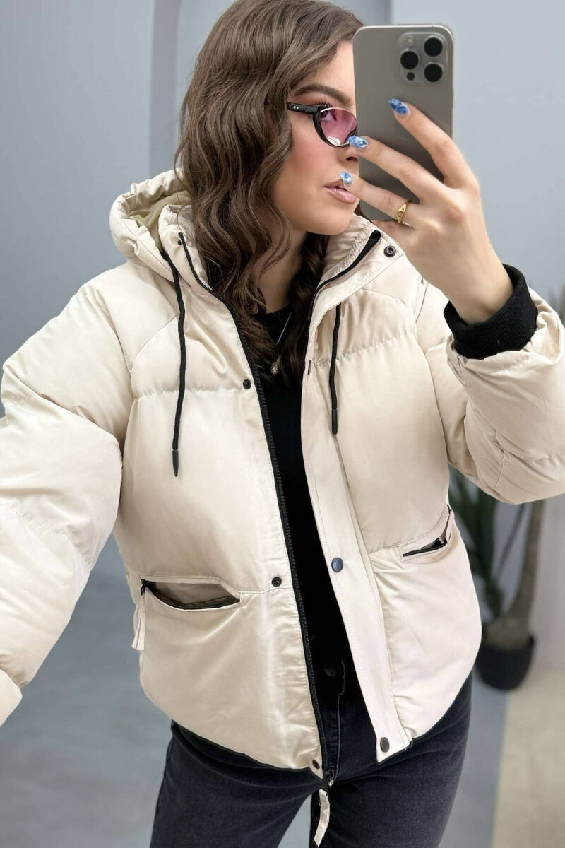 HOODED SIMPLE WOMEN PUFFER JACKET IN CREAM COLOR - 5