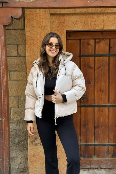 HOOD SIMPLE WOMEN PUFFER JACKET CREAM/KREM - KLAUDIO FASHION