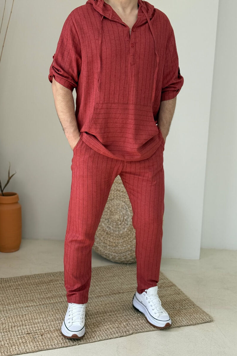 HOODED T-SHIRT+PANTS STRIPES MEN SET BRICK/TULLE - 1