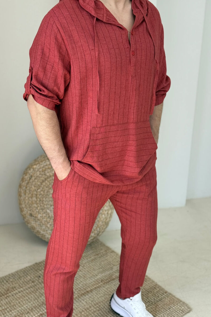 HOODED T-SHIRT+PANTS STRIPES MEN SET BRICK/TULLE - 2