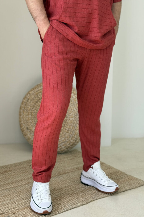 HOODED T-SHIRT+PANTS STRIPES MEN SET BRICK/TULLE - 3