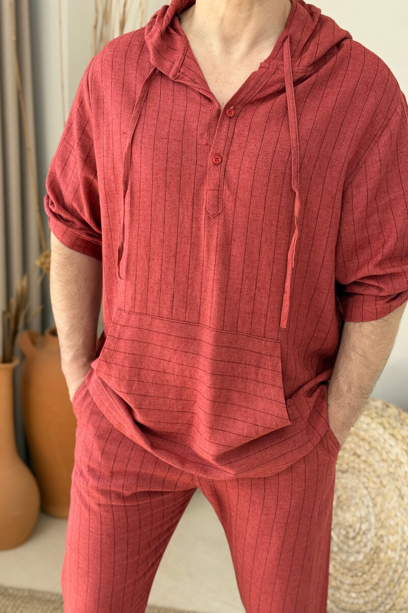 HOODED T-SHIRT+PANTS STRIPES MEN SET BRICK/TULLE - 4
