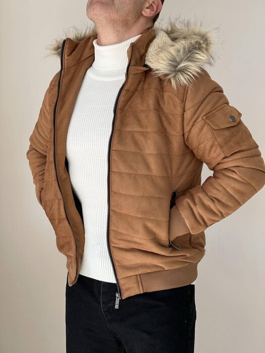 HOODED MEN PUFFER JACKET IN LIGHT BROWN COLOR 