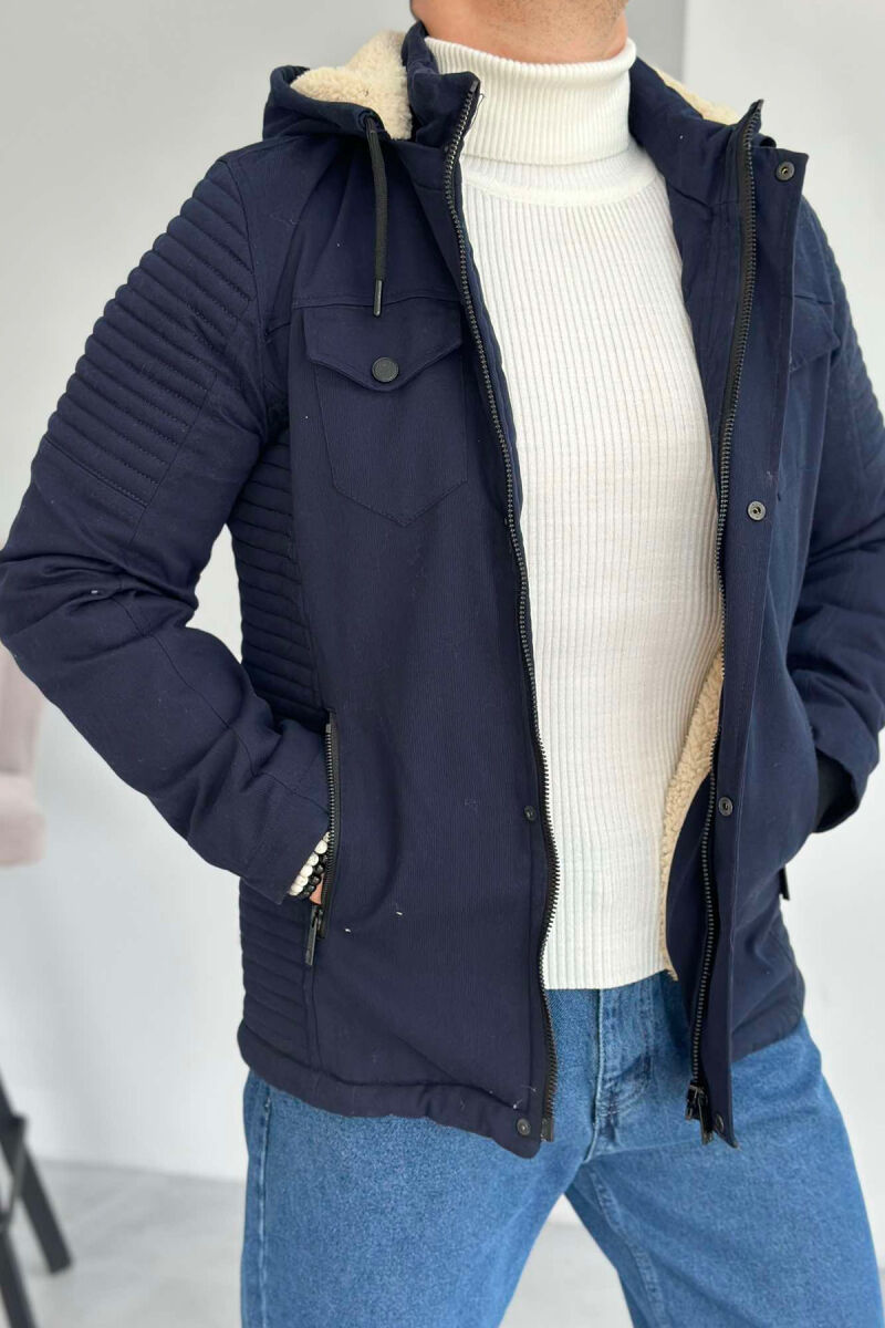 HOODED MEN PUFFER JACKET DARK BLUE/BEE - 1