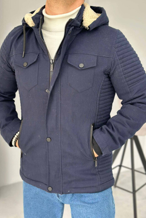 HOODED MEN PUFFER JACKET DARK BLUE/BEE - 5