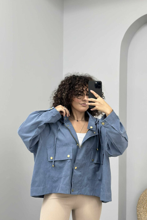 ONE COLOR HOODED WOMEN JACKET BLUE/BLU - KLAUDIO FASHION