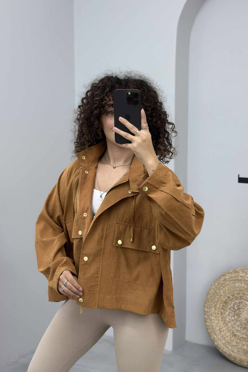 ONE COLOR HOODED WOMEN JACKET BROWN/KAFE - 1