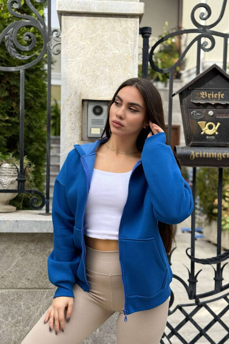 HOODED WOMEN JACKET WITH POCKETS BLUE/BLU - 2