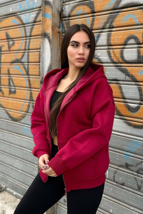 HOODED WOMEN JACKET WITH POCKETS BURGUNDY/VISHNJE - 4