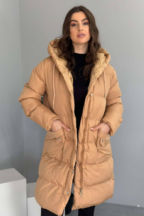 HOODED WOMEN PUFFER JACKET IN BEIGE COLOR 