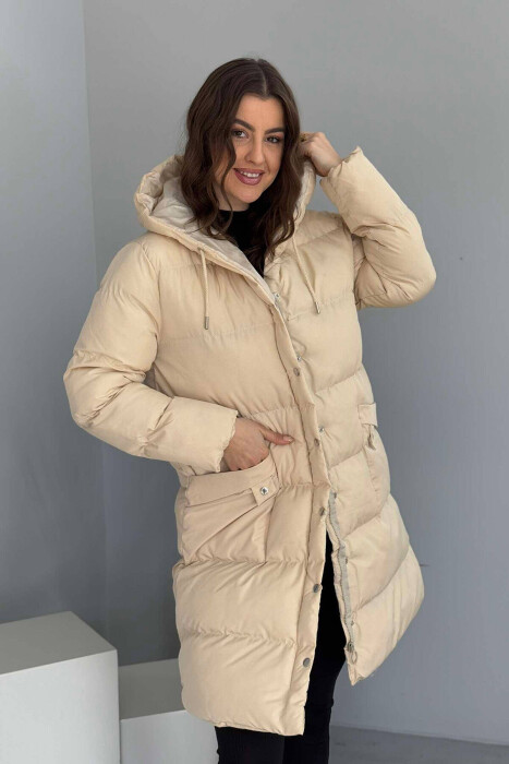 HOODED WOMEN PUFFER JACKET IN CREAM COLOR 