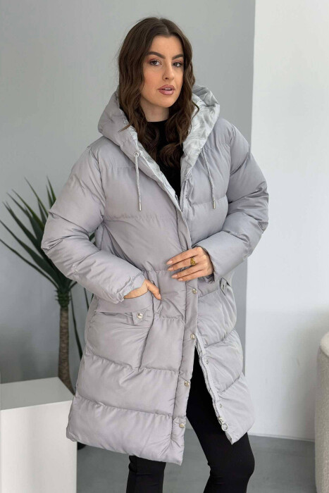 HOODED WOMEN PUFFER JACKET IN GREY COLOR 