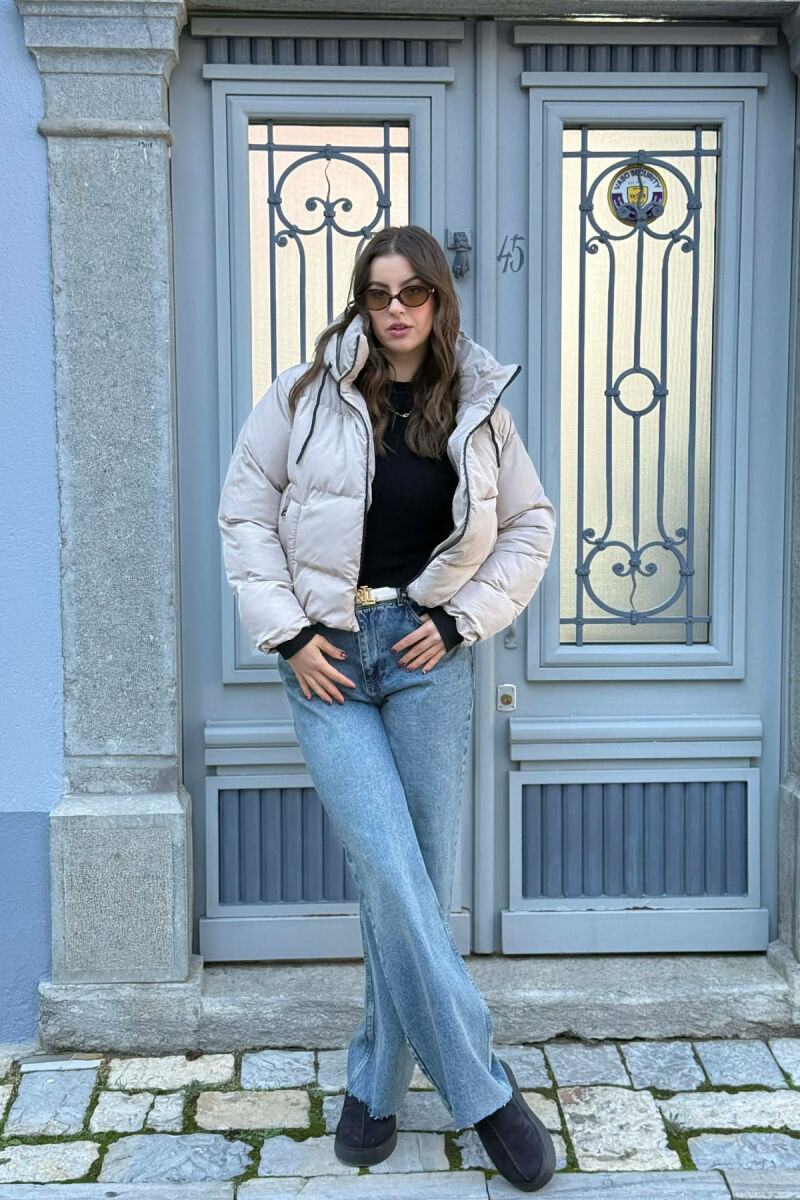 HOODED ONE COLOR WOMEN PUFFER JACKET BEIGE/BEZHE - 1